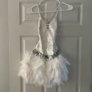 DANCE COSTUME- white feather dress, NO shorts, small adult